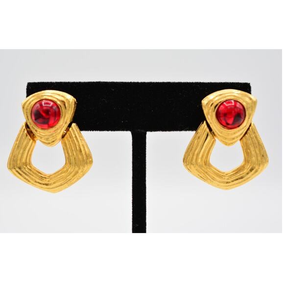 Givenchy Vintage Red Cabochon Earrings Post Brushed Gold Dangle Signed 80s Bin4 - Picture 1 of 12